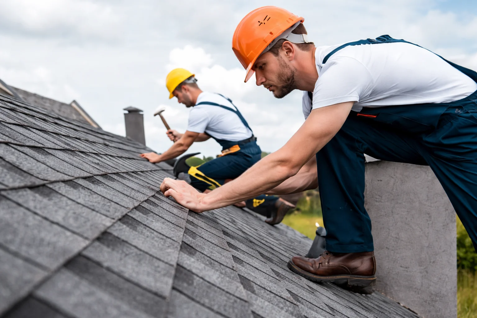 Roofers carrying out tile roof work
